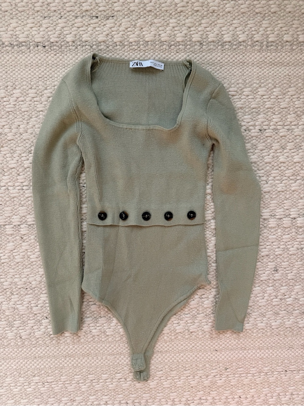 Zara Sage Green Long Sleeve Knit Bodysuit with Button Accents